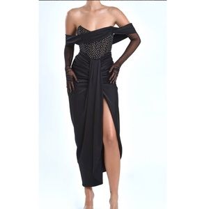 Stella Black Off Shoulder Crystal Corset Satin Gown
